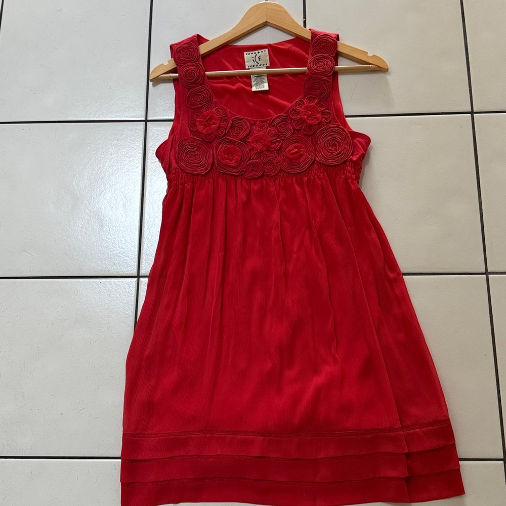Red Dress With Beautiful Fabric Flowers Size 8